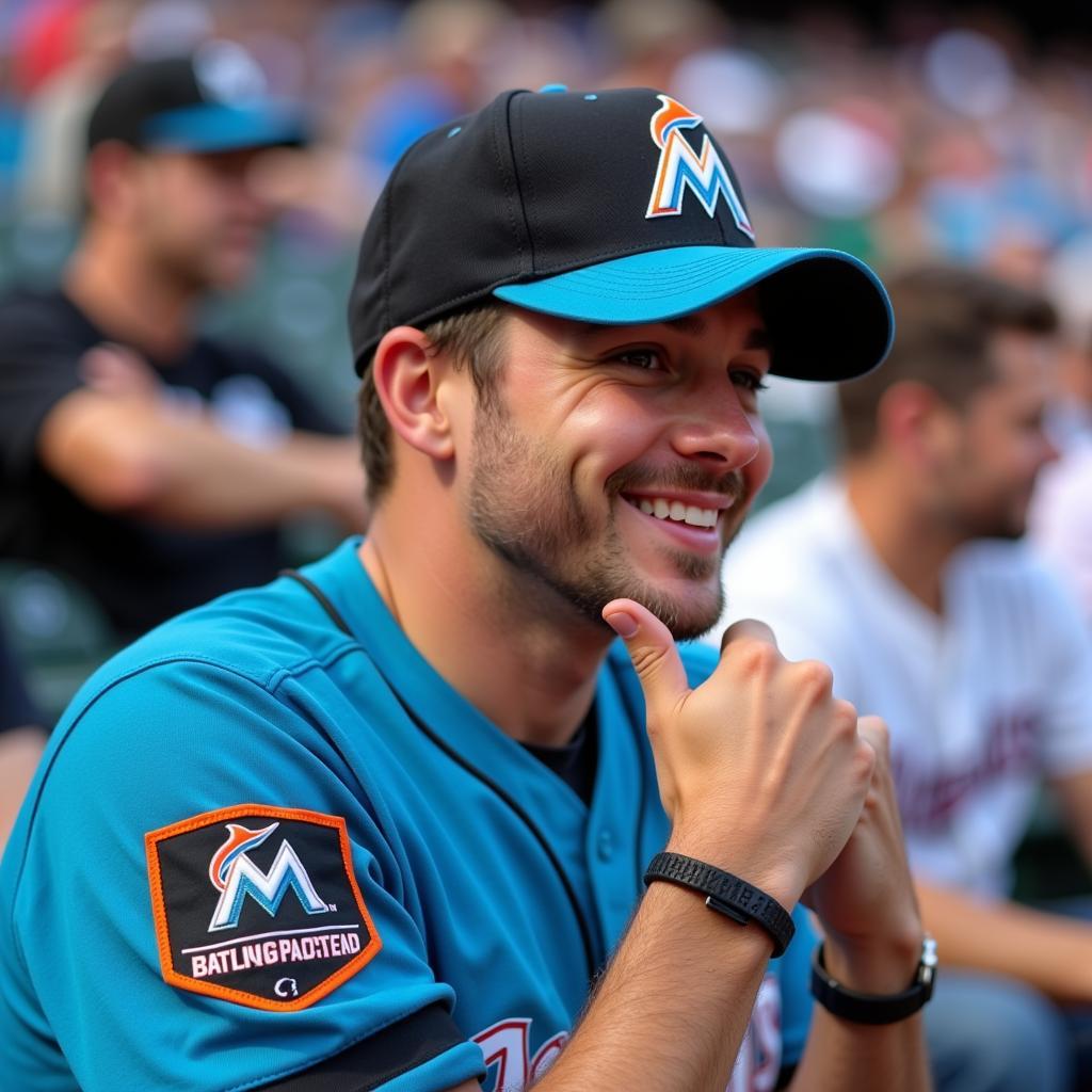 A Marlins fan wearing a batting practice hat