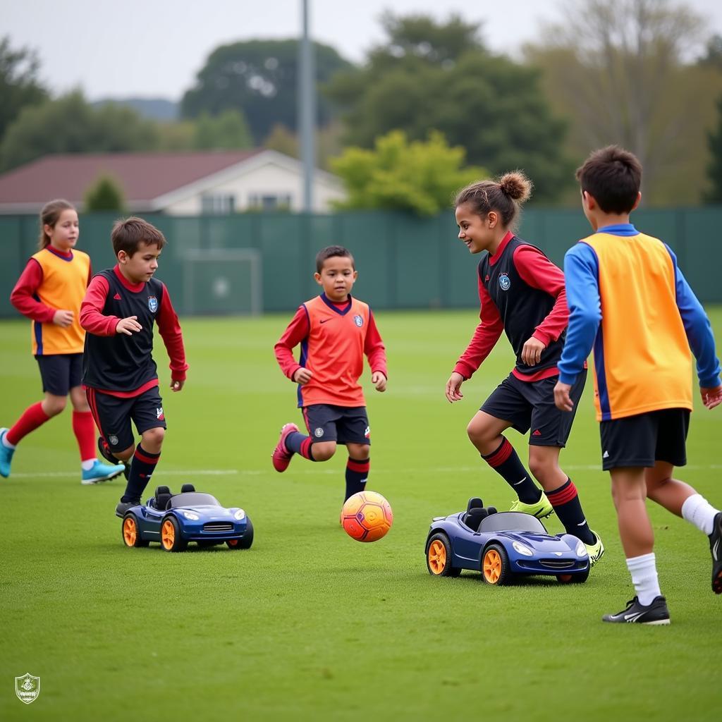 Football players practicing with Massi Cars