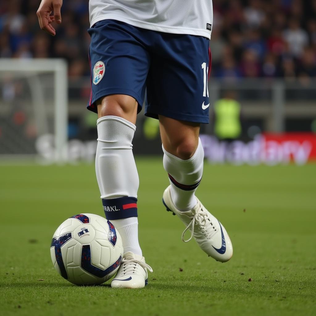 Football player wearing Maui 44 G2 White boots executing a precise pass