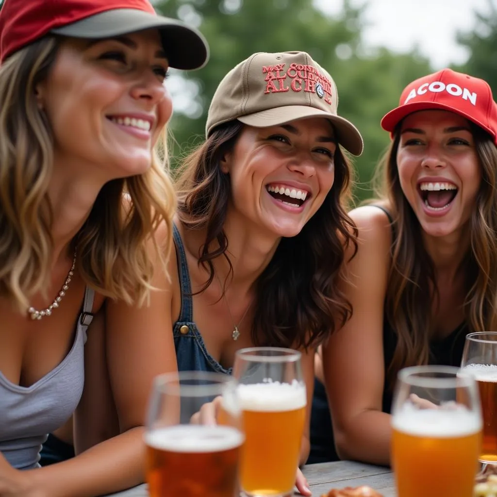 Group of friends wearing may contain alcohol hats