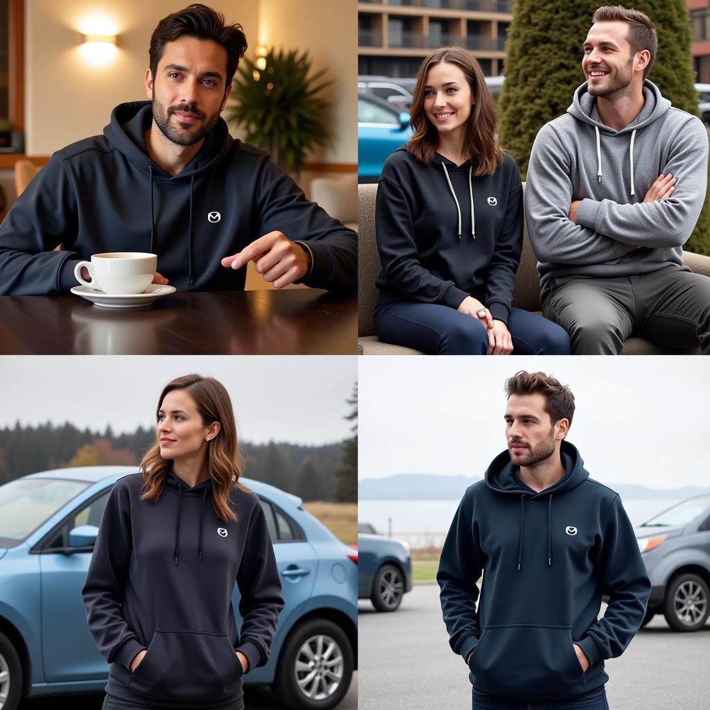 Individuals Wearing Mazda Hoodies in Different Settings