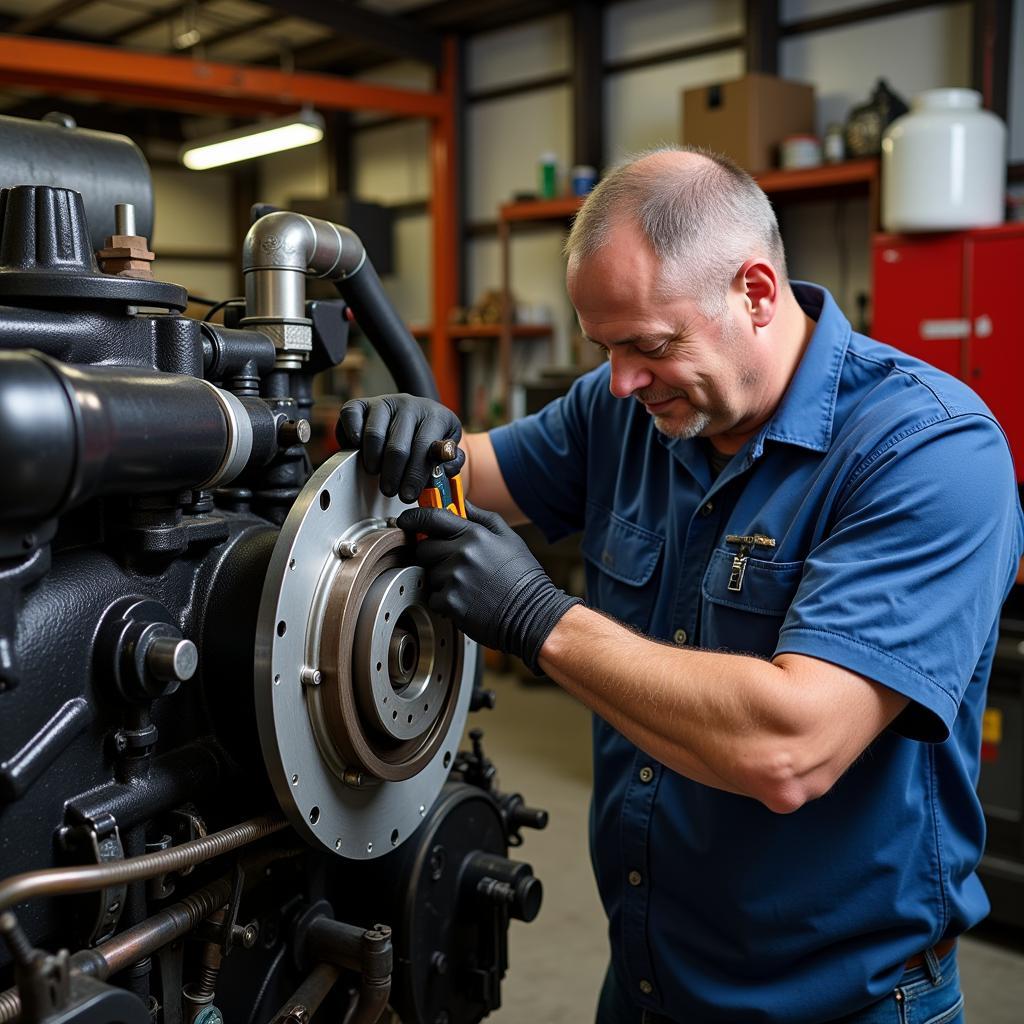 Mechanic inspecting water pump on a Detroit Diesel engine