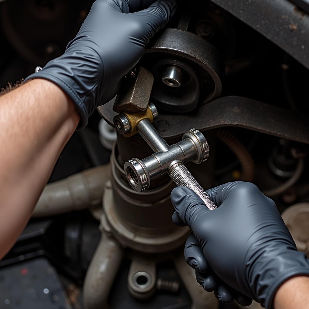 Mechanic checking the condition of a derby tie rod during a car inspection