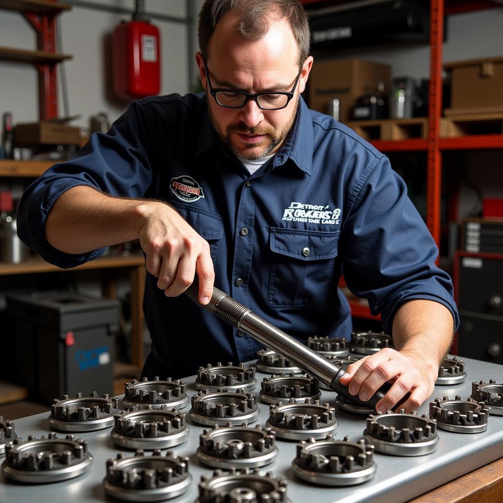 Mechanic carefully selecting a Detroit Rockers camshaft for a V8 engine build.