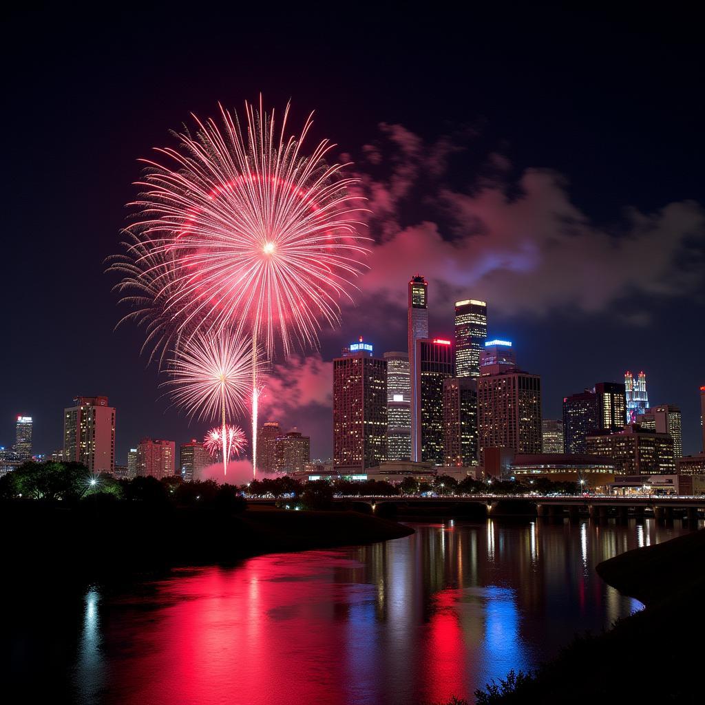 Fireworks display over the Houston skyline during Memorial Day Weekend