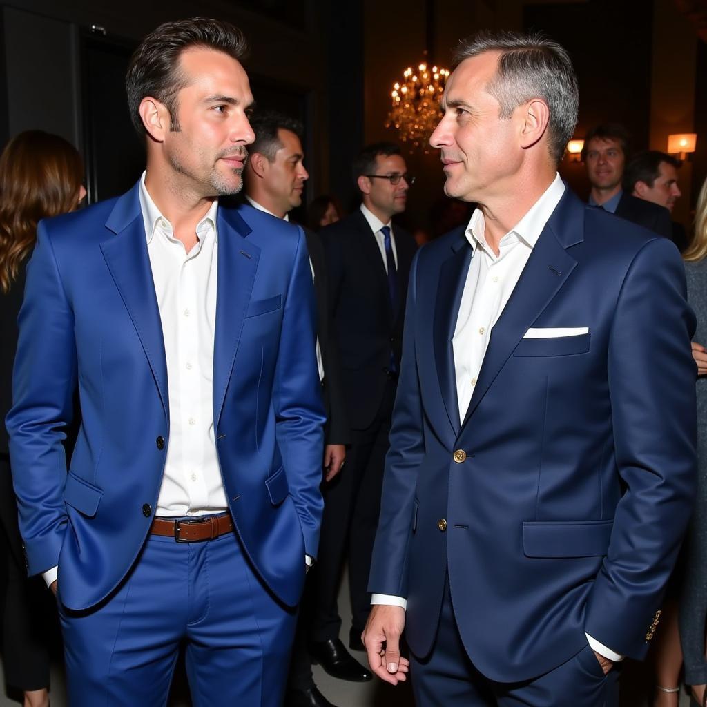 Two men dressed in stylish dodger blue suits, engaged in conversation.