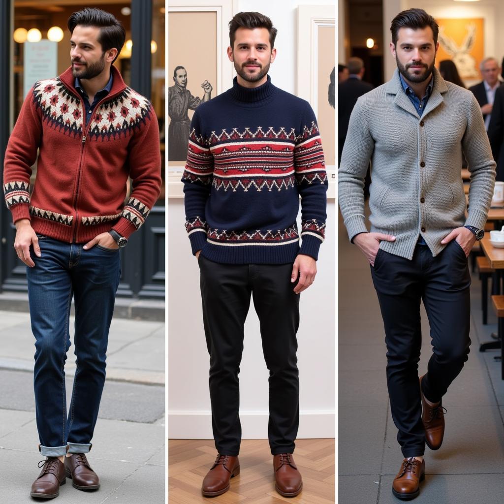 Men showcasing stylish sweater choices in various settings