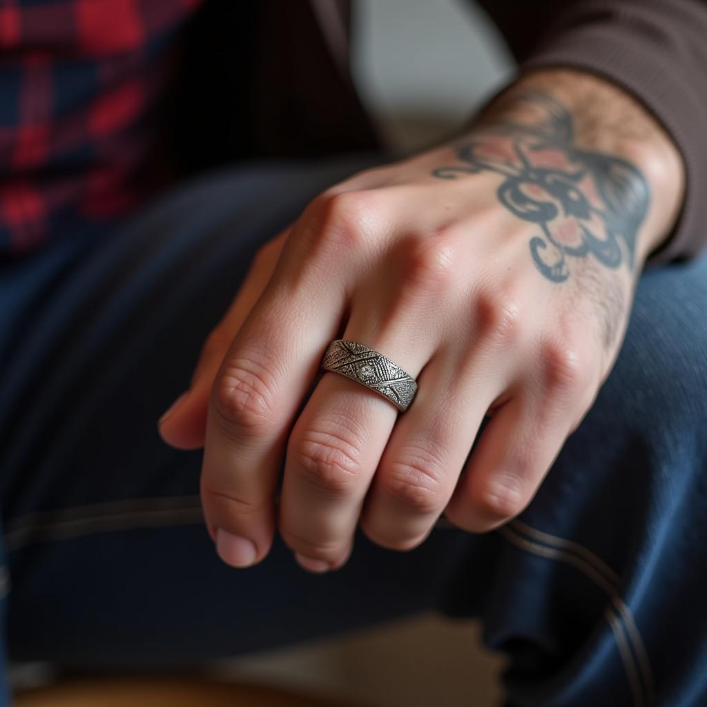 A man wearing a mens baseball wedding ring