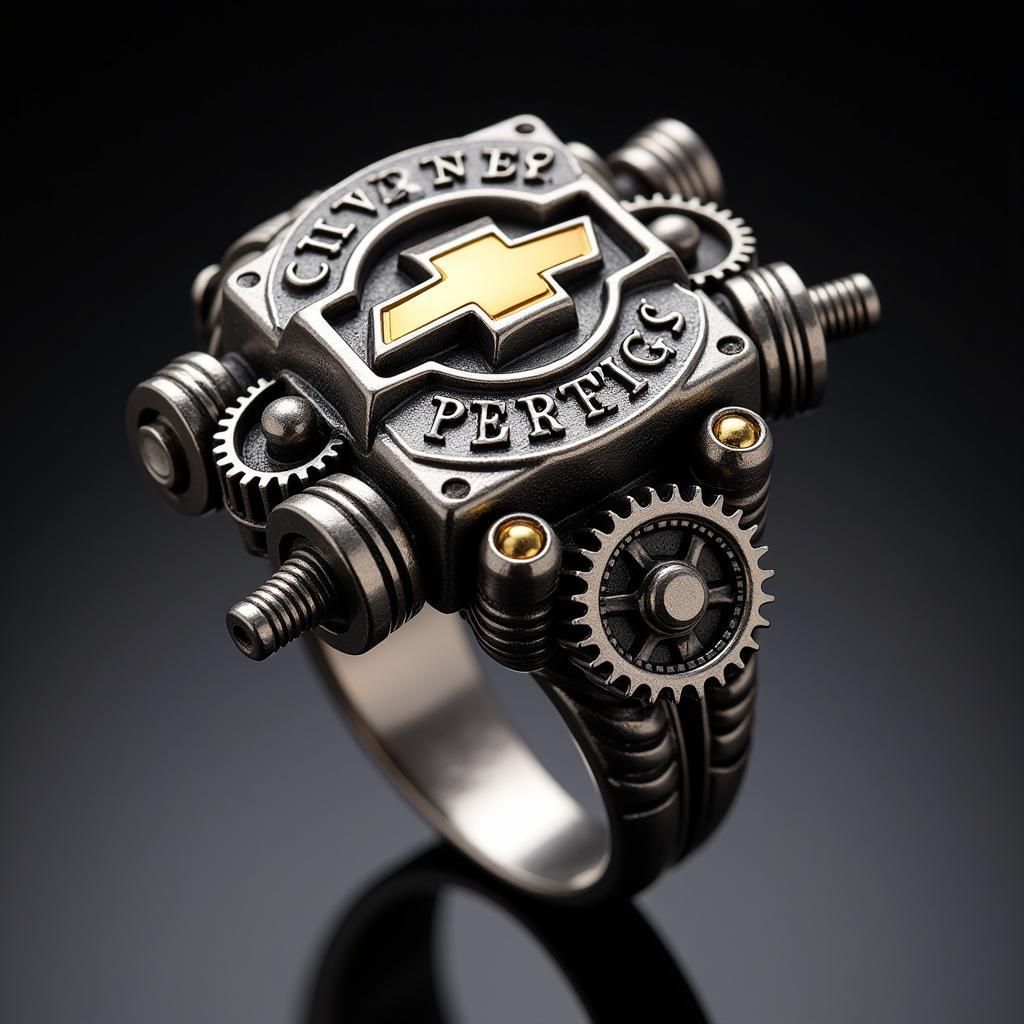 Men's Chevrolet Ring with Intricate Engine Detail