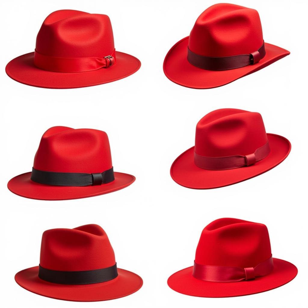 Men's red fedora hats in various styles