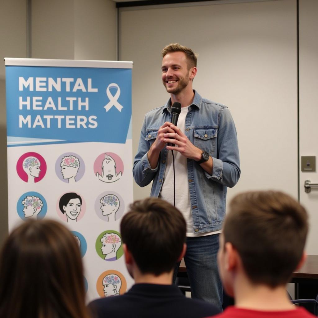 Frenkie de Jong speaking at a mental health awareness giveaway event