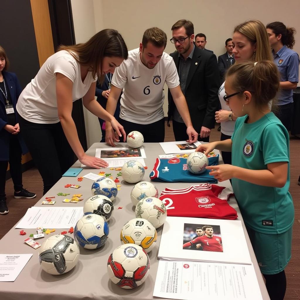 A table displaying mental health awareness giveaway prizes with Frenkie de Jong in the background.