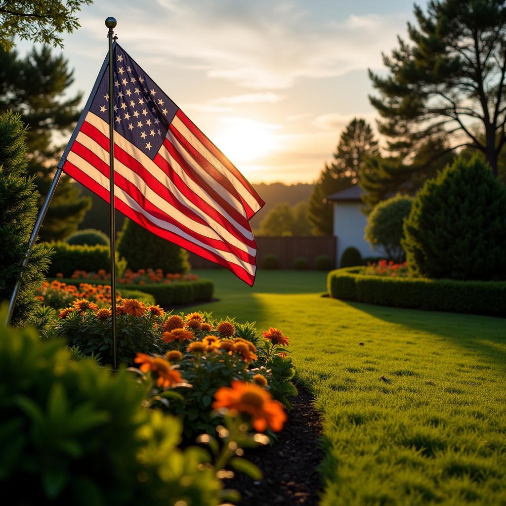 Metal American flag standing tall in a garden