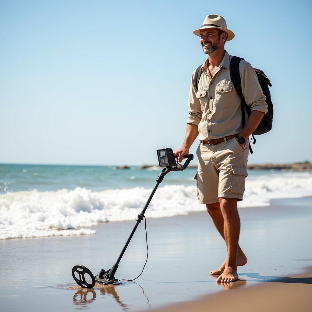 Man Using Metal Detector on Beach