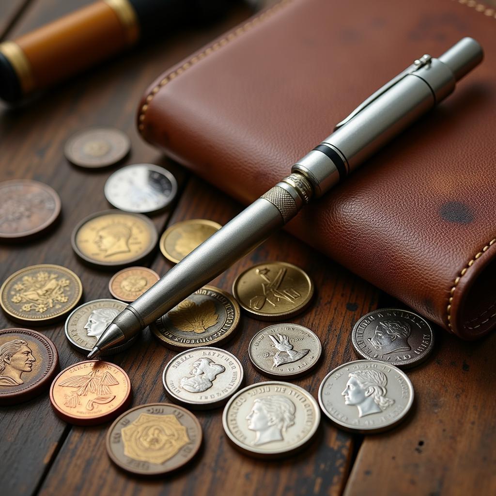 Metal detector pen displayed with a collection of coins