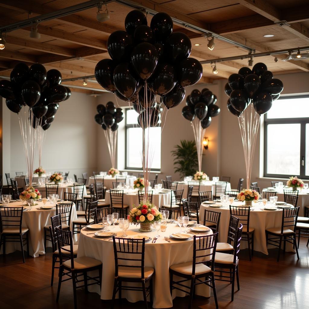 Romantic setting with metallic black balloons at a wedding