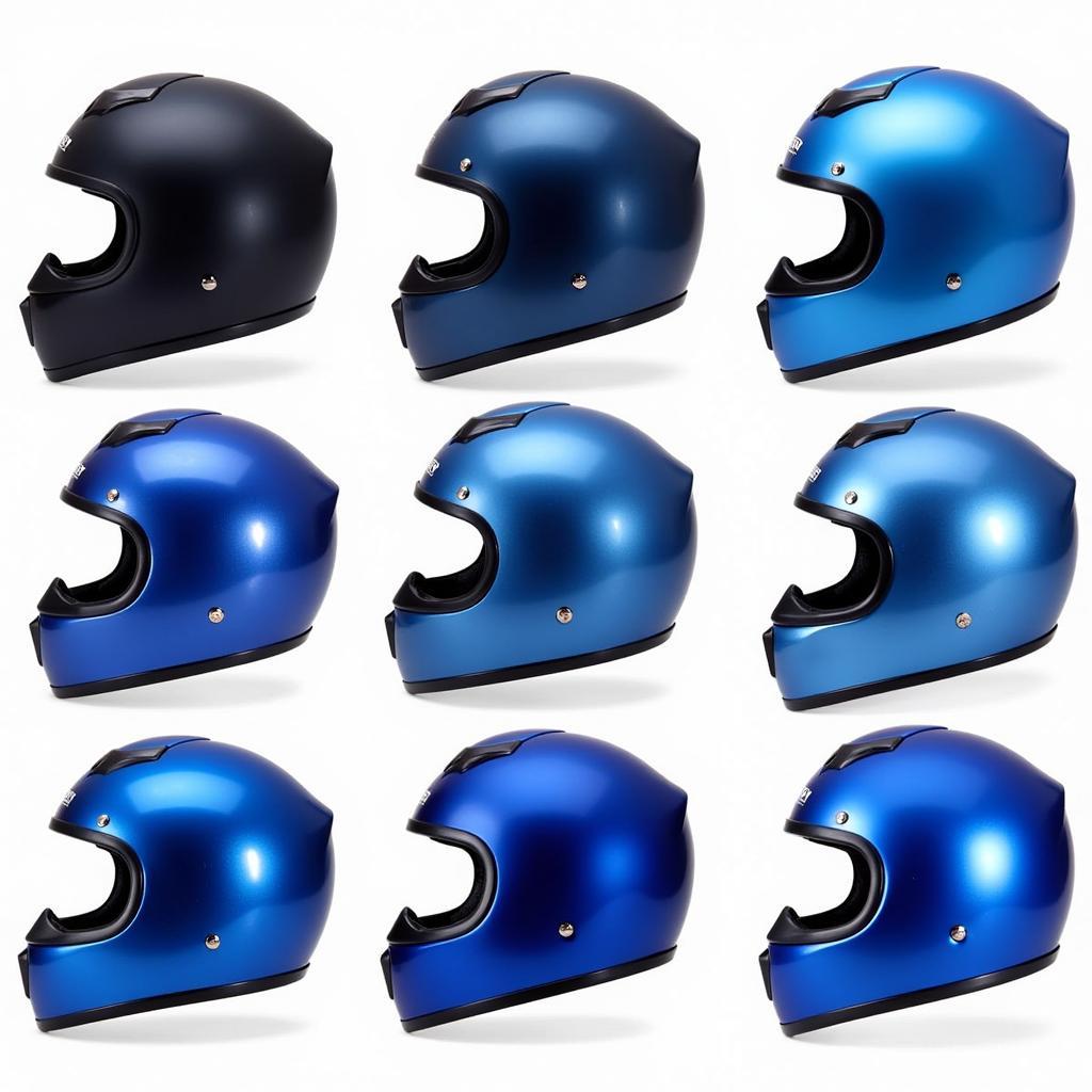 Different shades of metallic blue motorcycle helmets displayed side-by-side