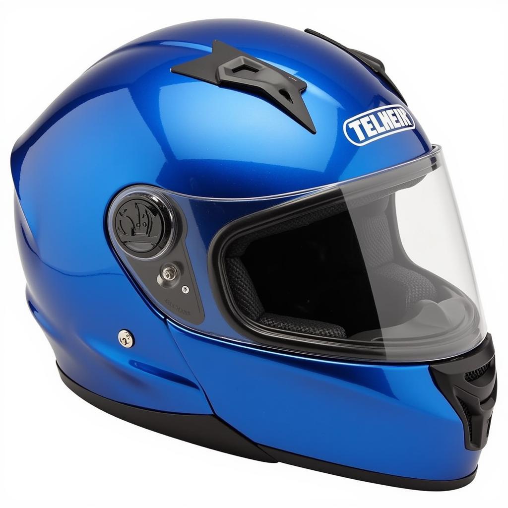 Close-up of a metallic blue motorcycle helmet showcasing its features including ventilation, visor, and liner