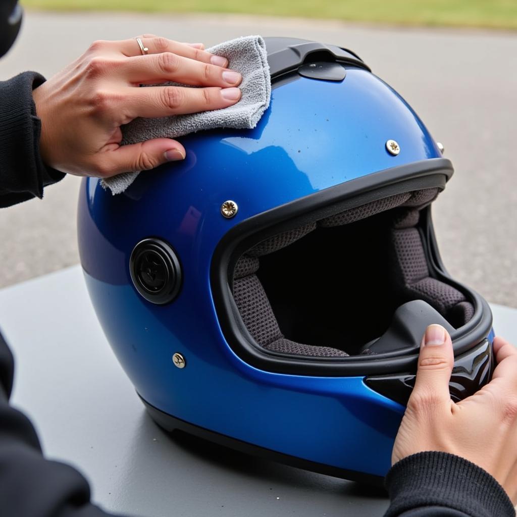 A rider cleaning their metallic blue motorcycle helmet with a soft cloth and cleaning solution