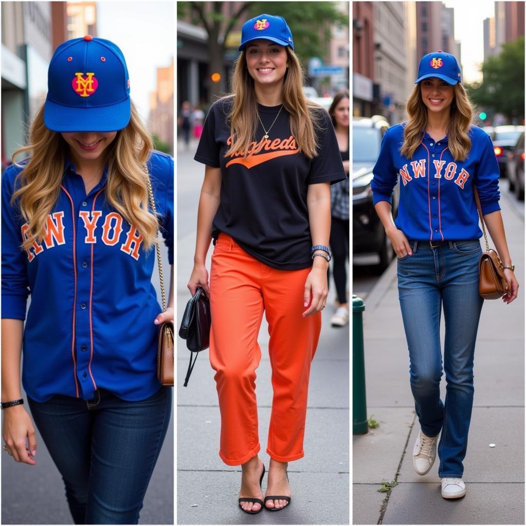 People wearing NY Mets apple hats in different settings