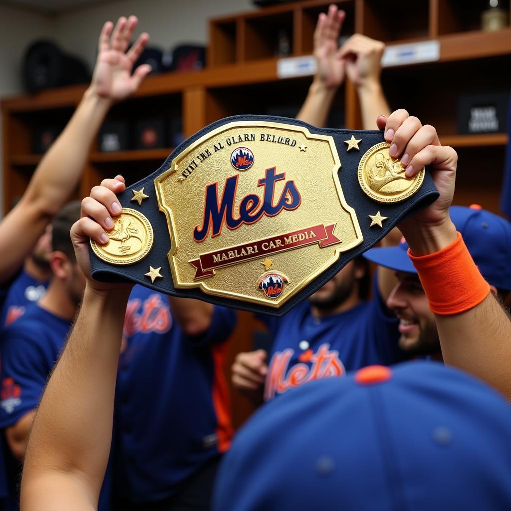 New York Mets celebrating with the championship belt