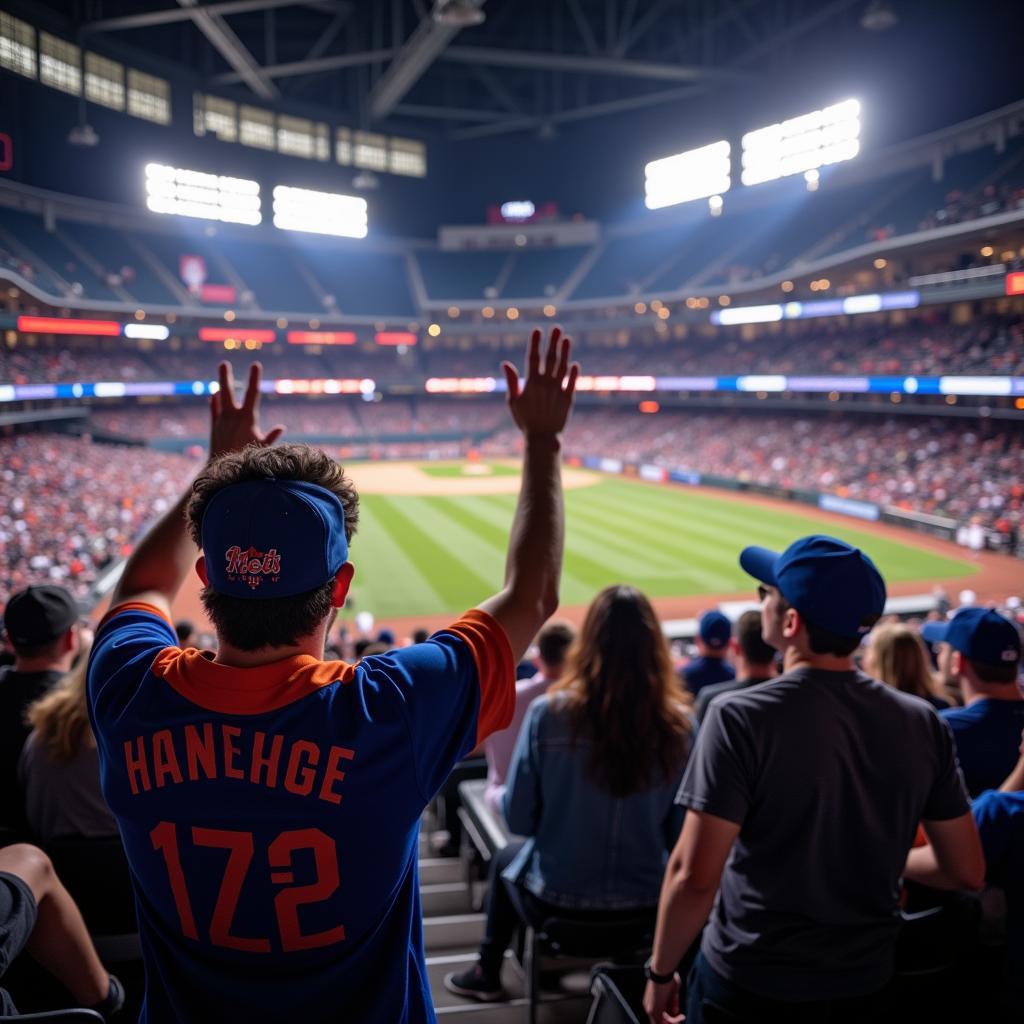 A Mets fan proudly sporting a World Series hat while cheering at a game.