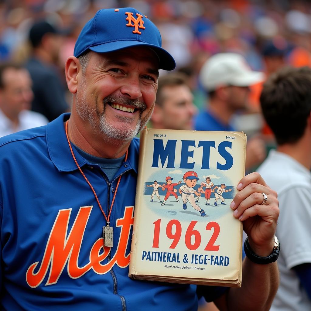 A fan holding and admiring a vintage 1962 New York Mets yearbook