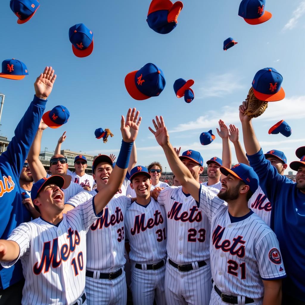 New York Mets players celebrating their World Series win, wearing commemorative hats