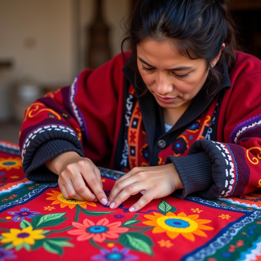 Mexican artisan meticulously creating a traditional poncho