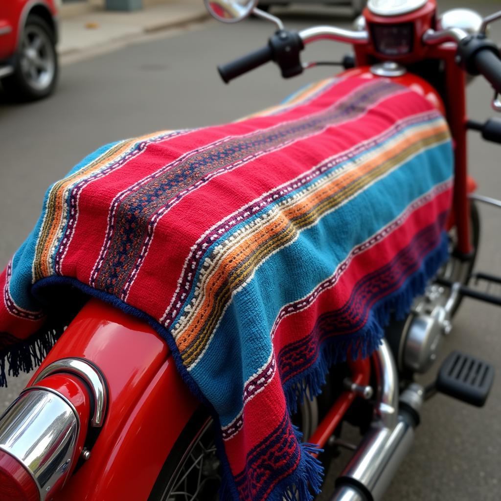 Mexican blanket used as a seat cover on a motorcycle