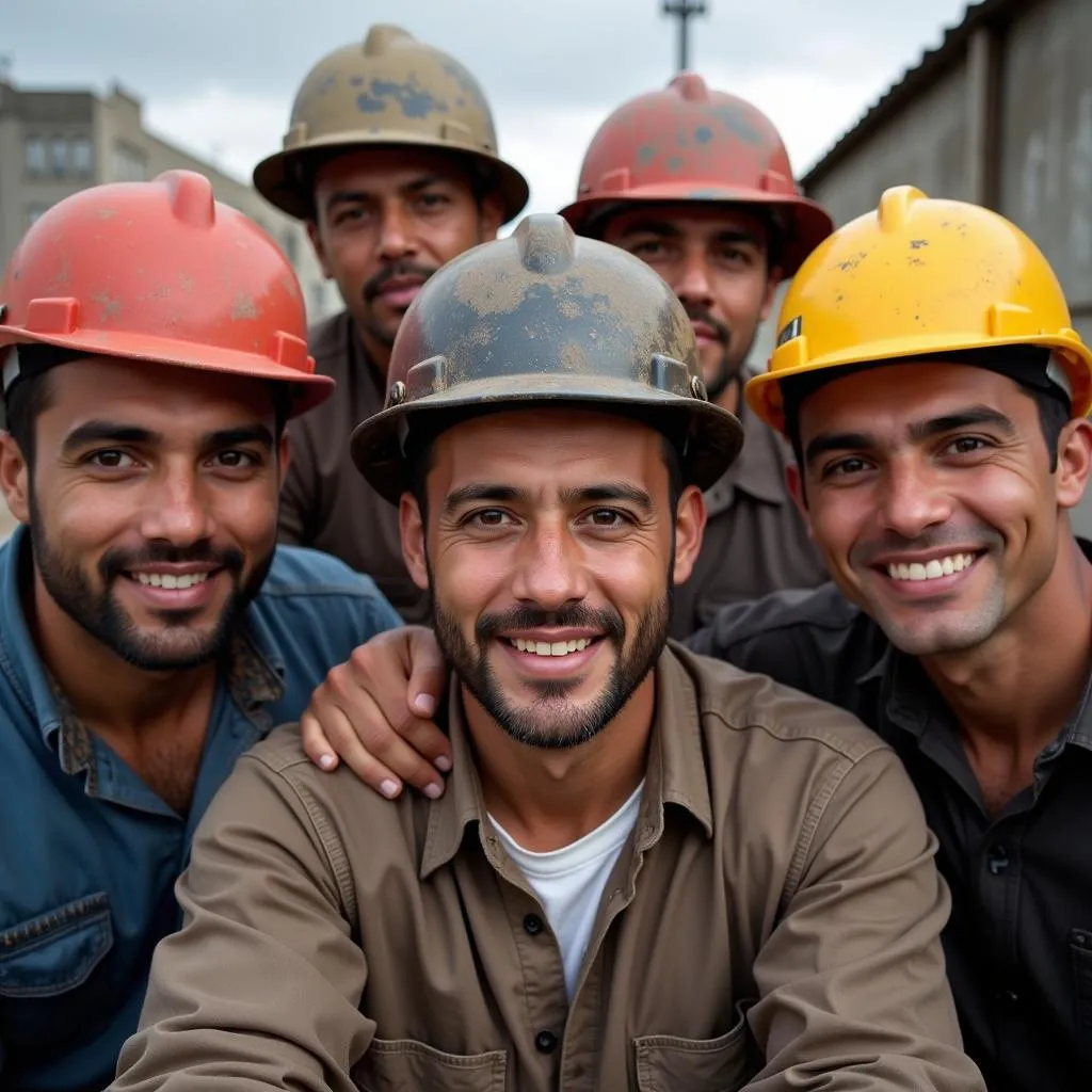 Mexican construction workers in traditional hard hats