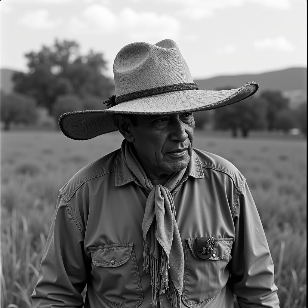 A vintage photo of a Mexican farmer wearing a traditional dodger hat