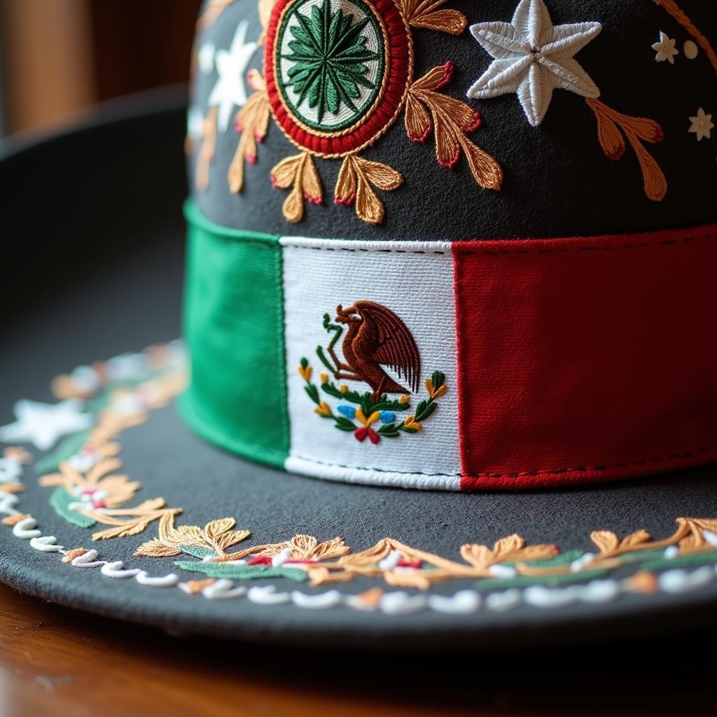 Close-up of Design Details on a Hat With Mexican Flag Under Brim