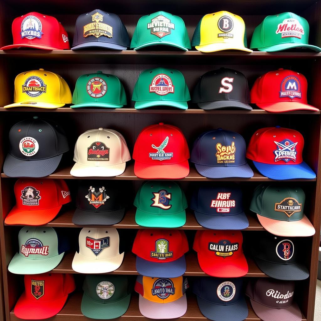 Mexican League baseball hats on display