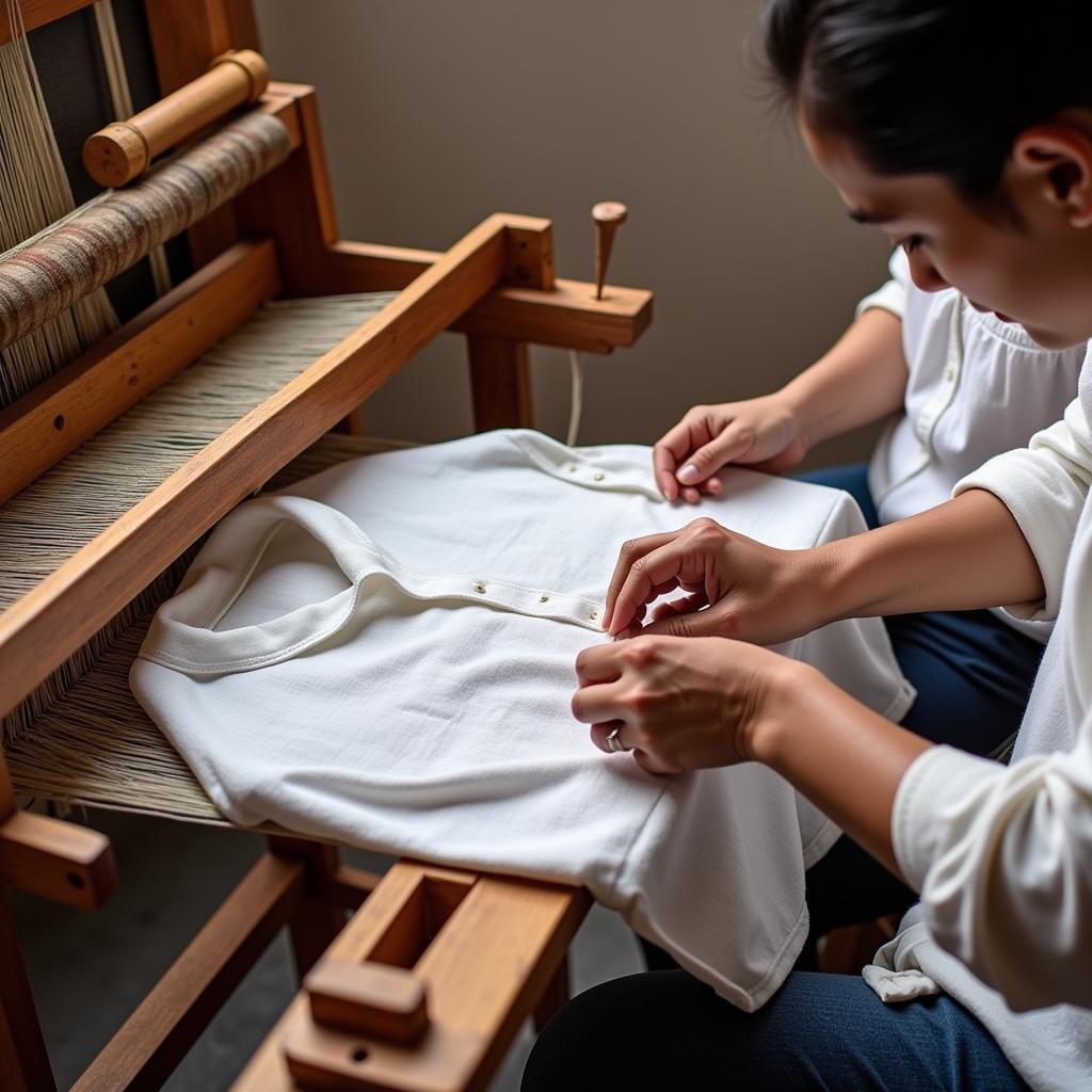 Hands crafting a Mexican white shirt