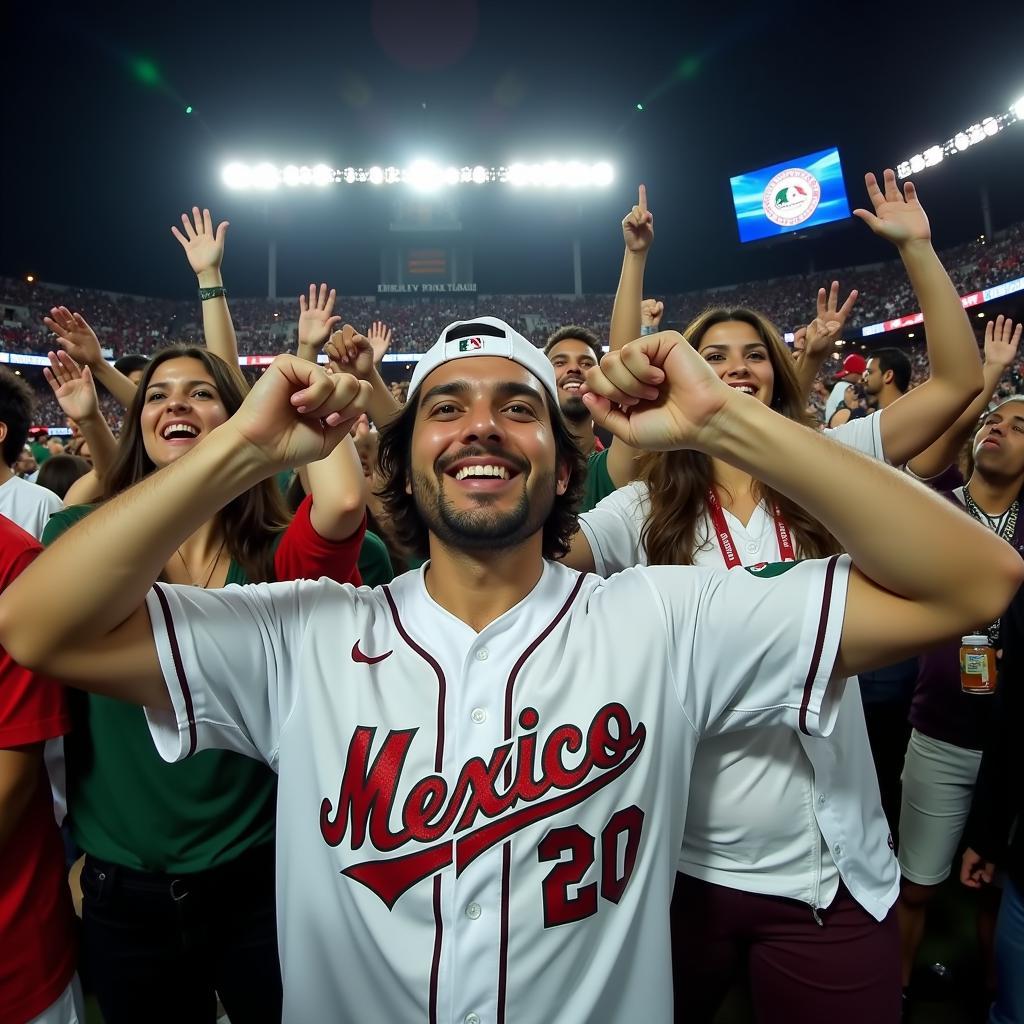 Fans wearing Mexico baseball jerseys at a game