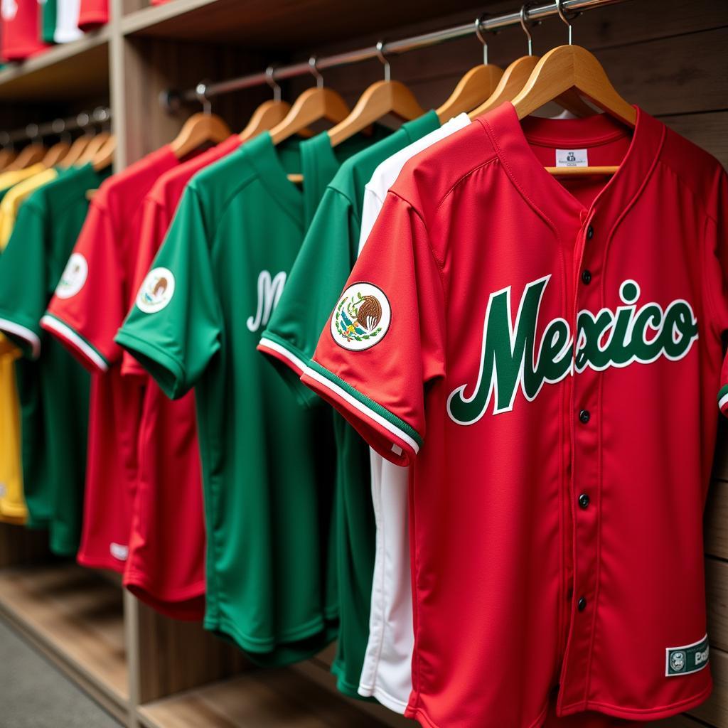 A variety of Mexico baseball jerseys in different sizes