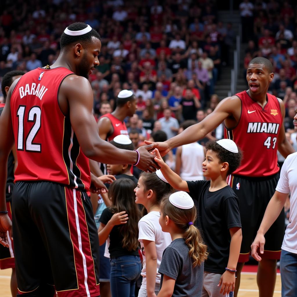 Miami Heat players interacting with fans on Jewish Heritage Night