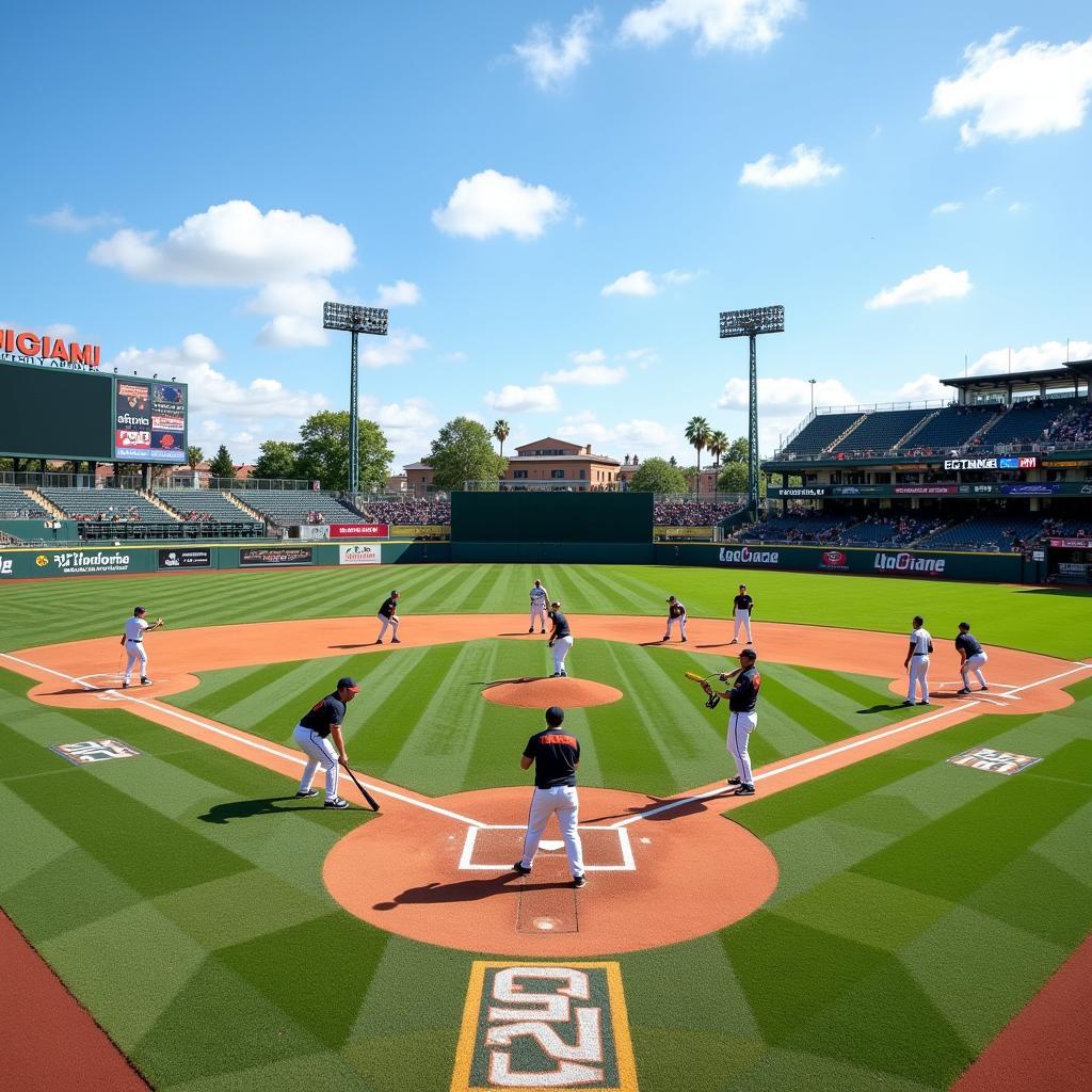 University of Miami baseball players practicing on the field