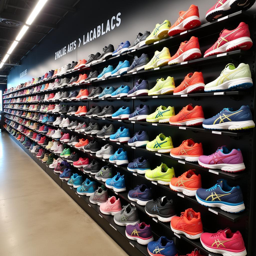 A wall of running shoes in various colors and styles at a sports store in Miami