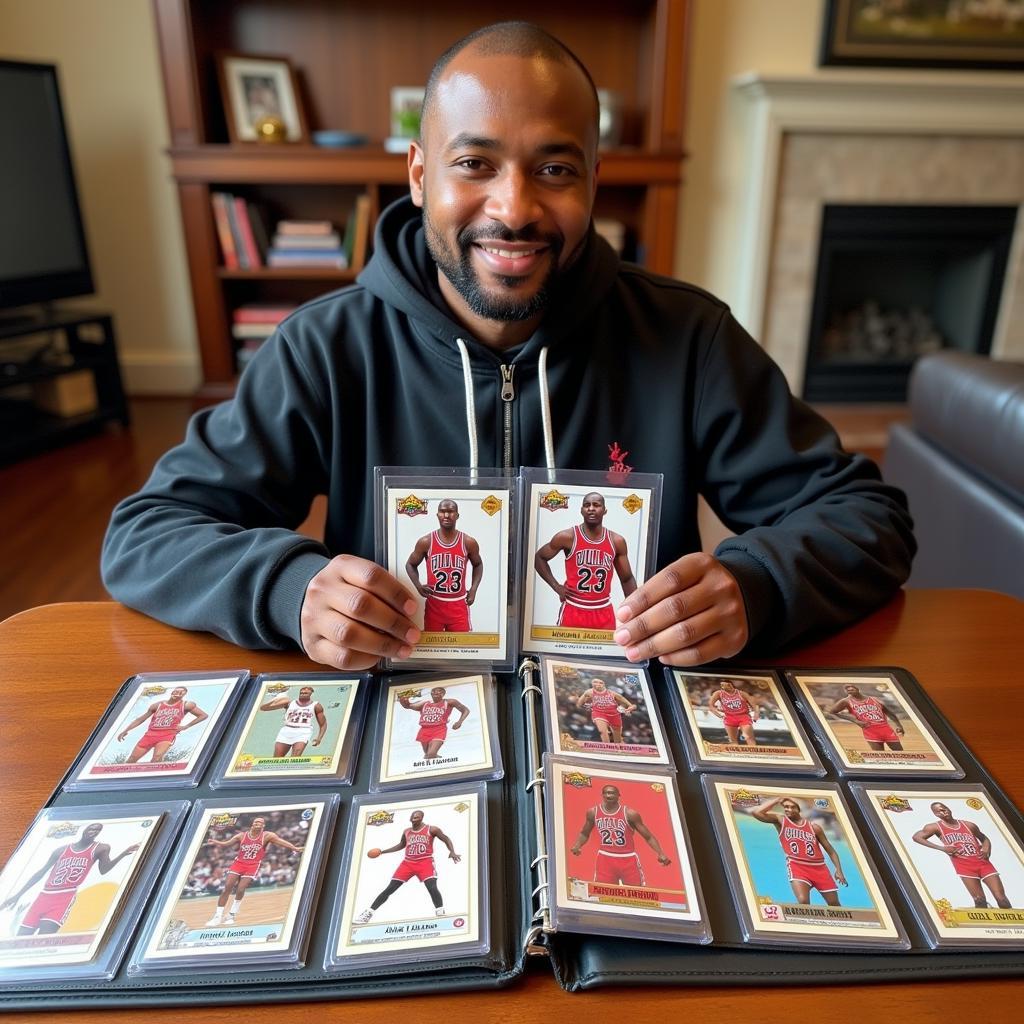 Michael Jordan fan displaying Upper Deck Gold Signature card collection