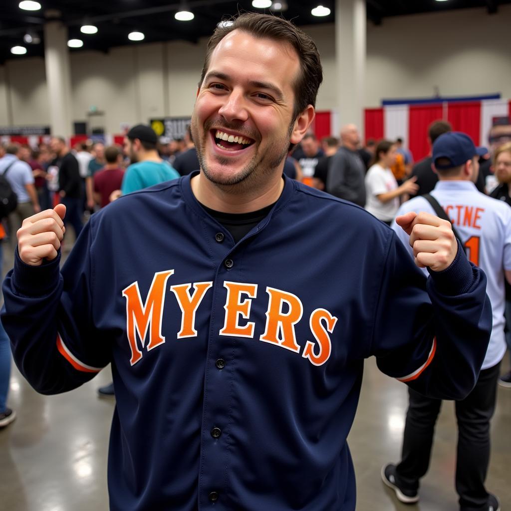 A fan wearing a Michael Myers baseball jersey at a horror convention.