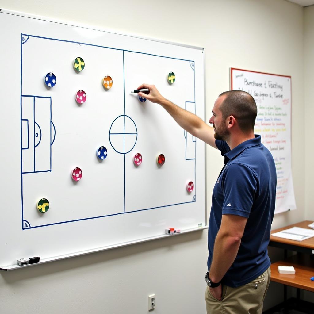 Michael T West explaining soccer tactics on a whiteboard