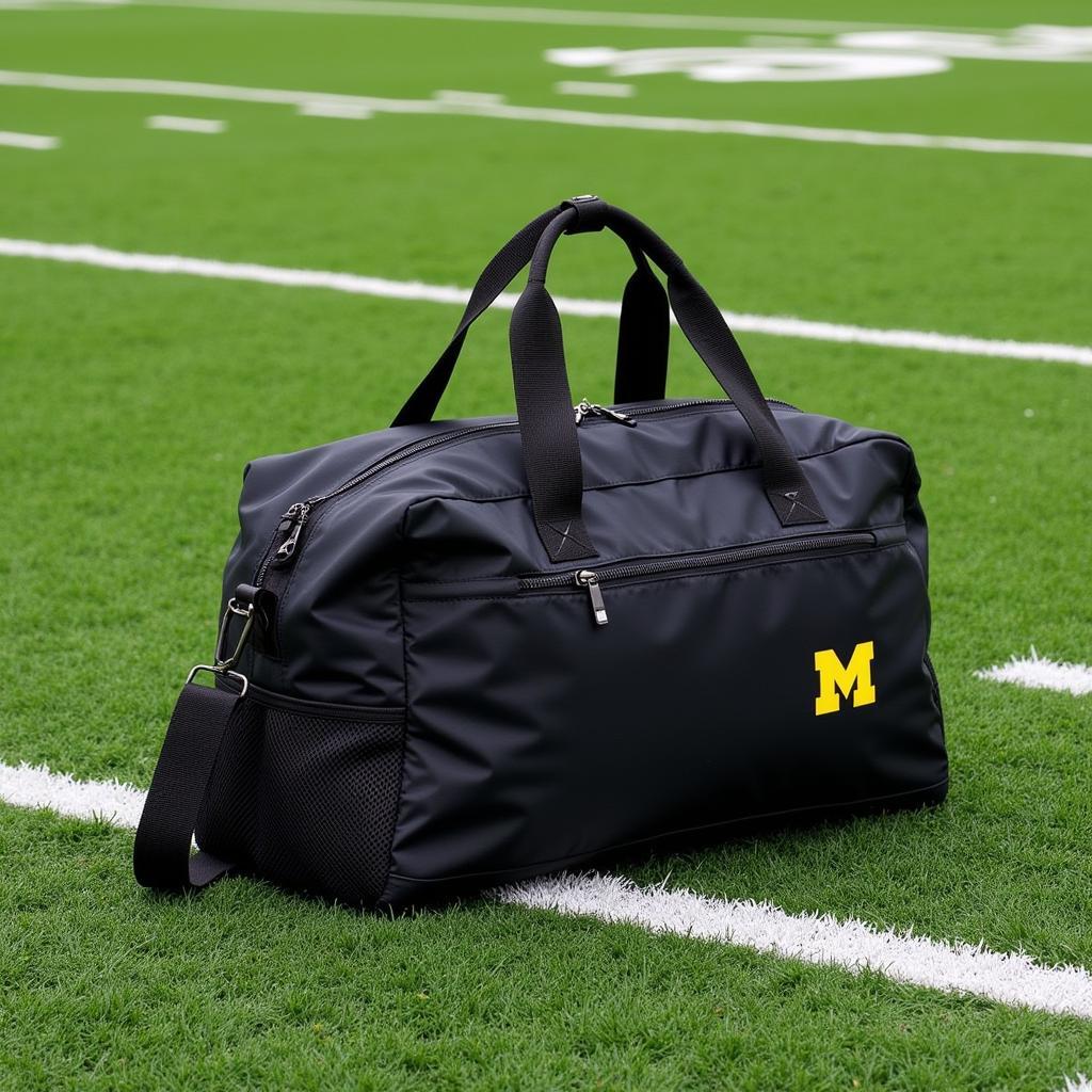 Black Michigan duffel bag on a lush green football field