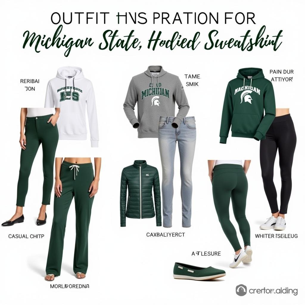 A mood board featuring different outfit ideas incorporating a Michigan State hooded sweatshirt for various occasions.