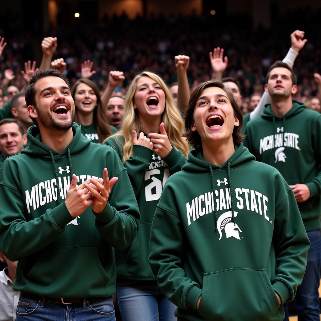 Students wearing Michigan State hooded sweatshirts cheering in the student section of a basketball game.