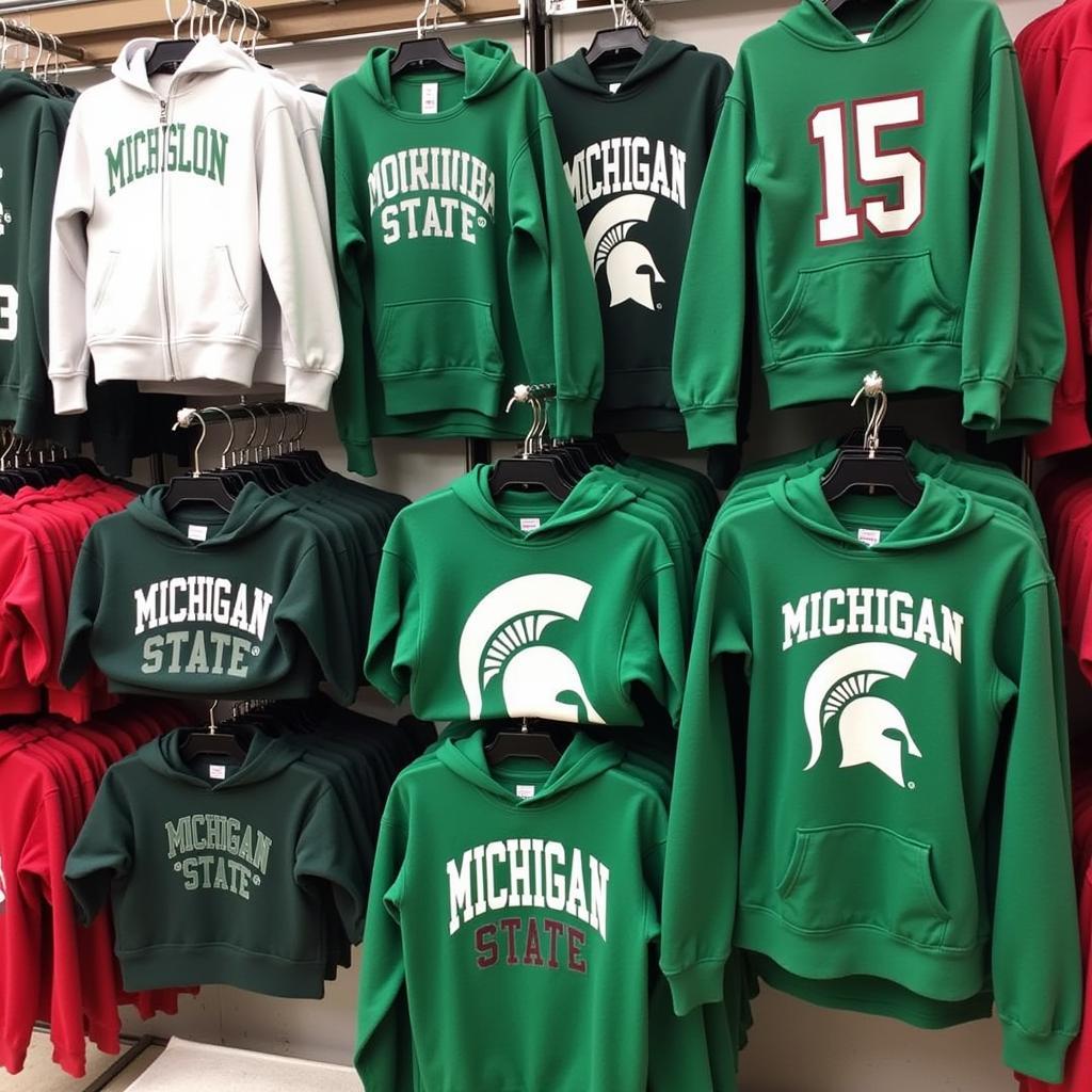 A display of various Michigan State hooded sweatshirts, showcasing a range of colors, styles, and designs.