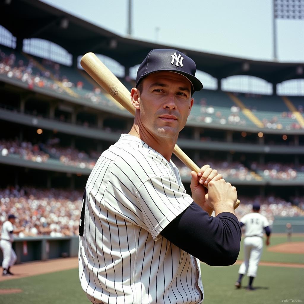 Mickey Mantle in his classic batting stance at Yankee Stadium, bat held high