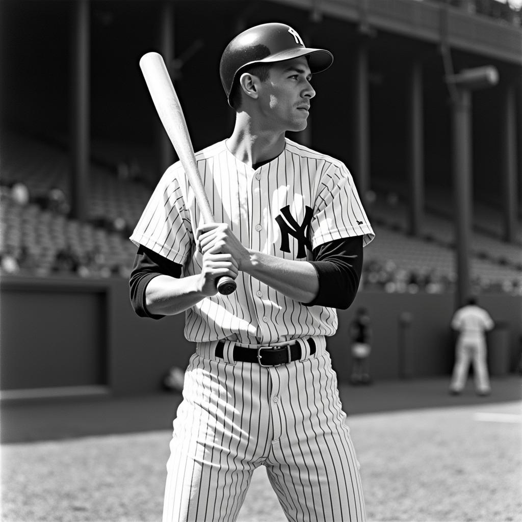 Mickey Mantle taking a powerful swing in his New York Yankees uniform