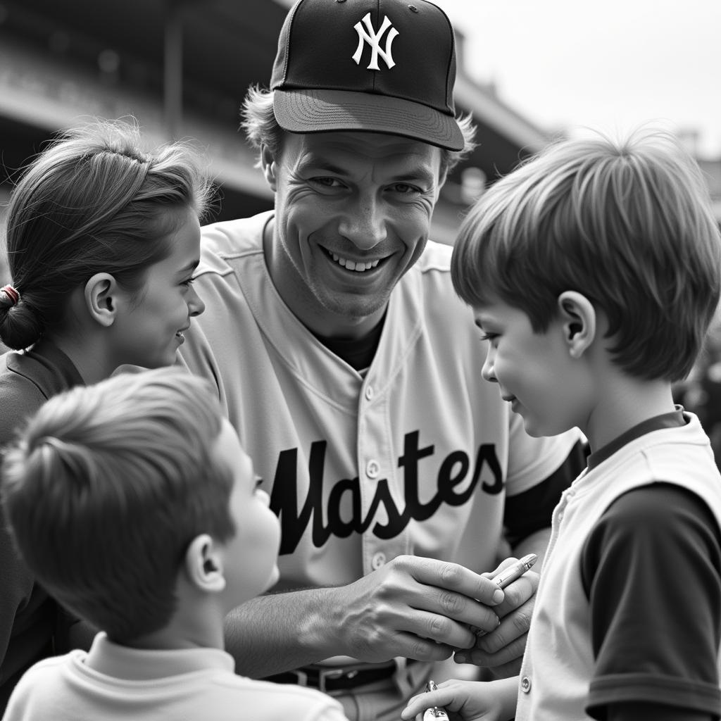 Mickey Mantle taking the time to sign autographs for young fans